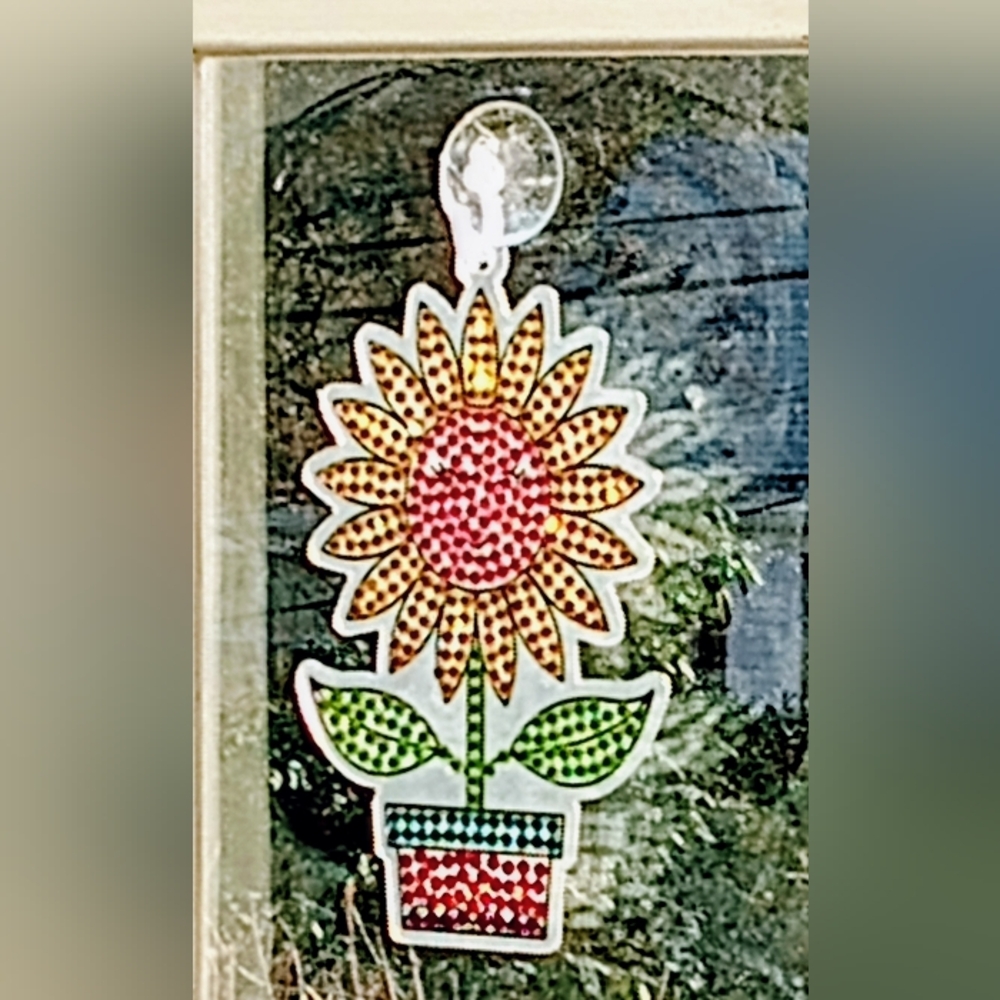 Suncatcher Radiant Sunflower 'Jewel' Art with Red and Green Hues